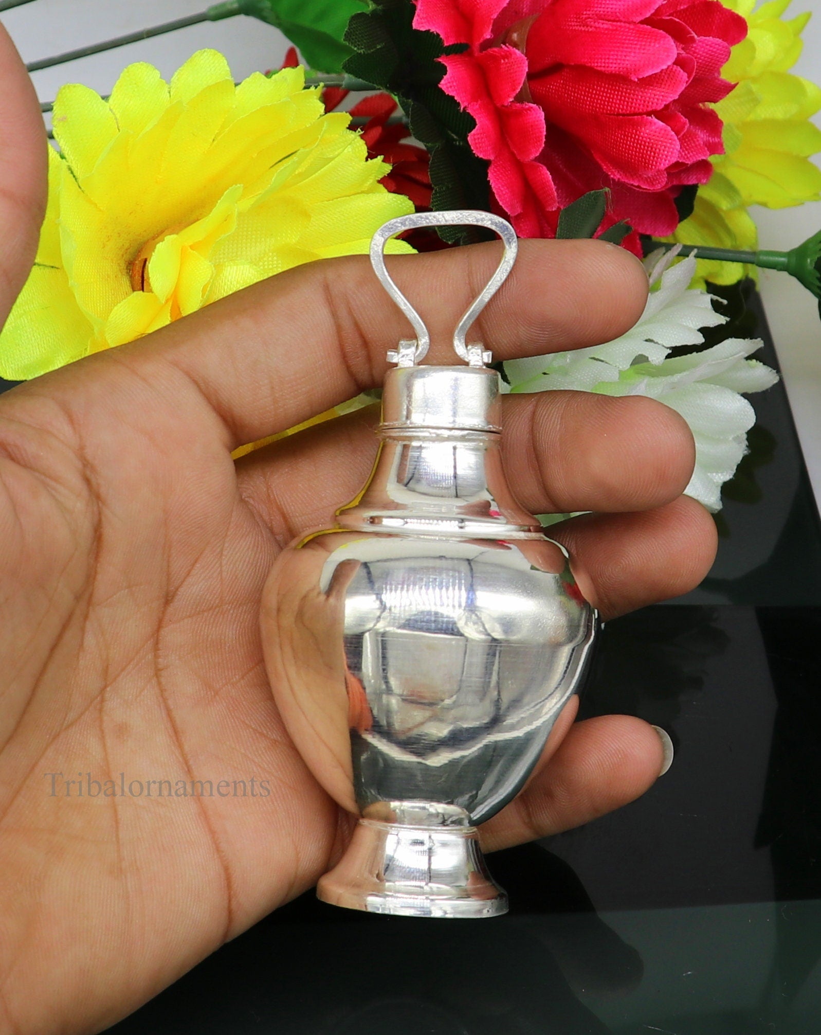 925 sterling silver handmade plain glossy Gangjali, Silver Gangajal Patra, best silver water pot kalash puja utensils Diwali special su418 - TRIBAL ORNAMENTS