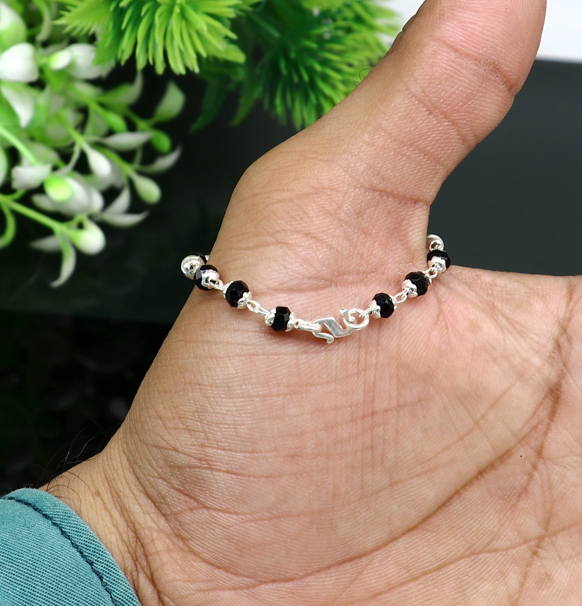Adjustable Black Beads 92.5 Sterling Silver Bracelet Or Anklet