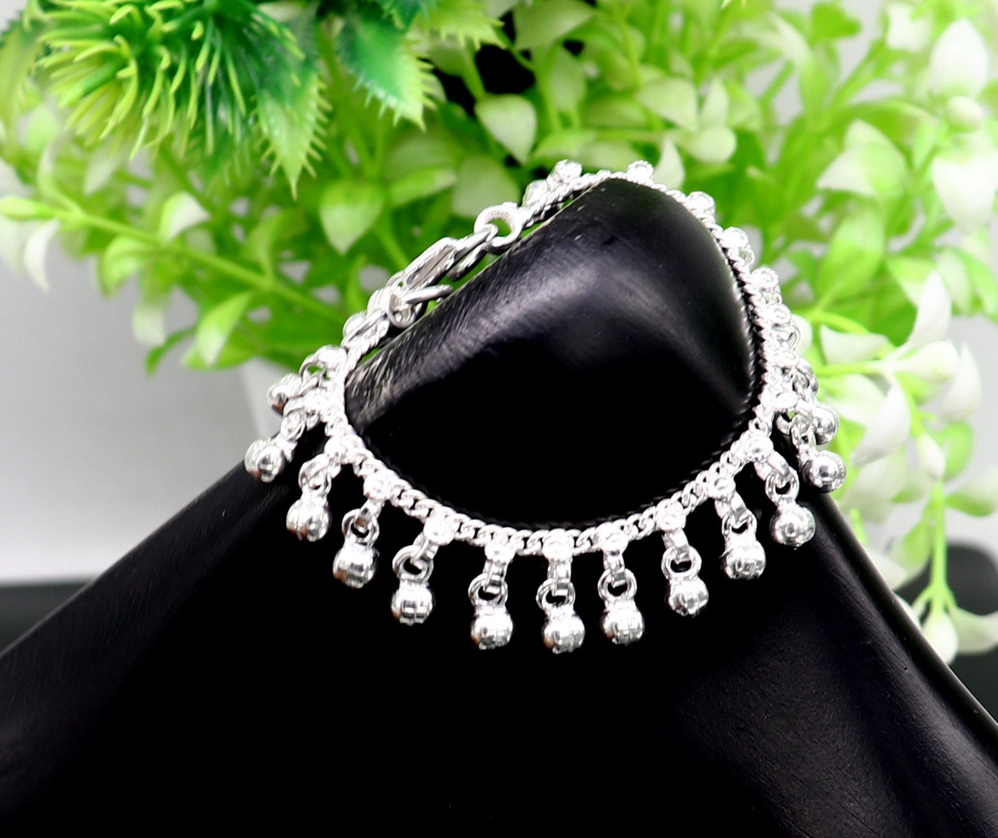 5" long Vintage design sterling silver handmade amazing waved noisy hanging drops bells baby anklet, ankle bracelet, charm bracelet ank430 - TRIBAL ORNAMENTS