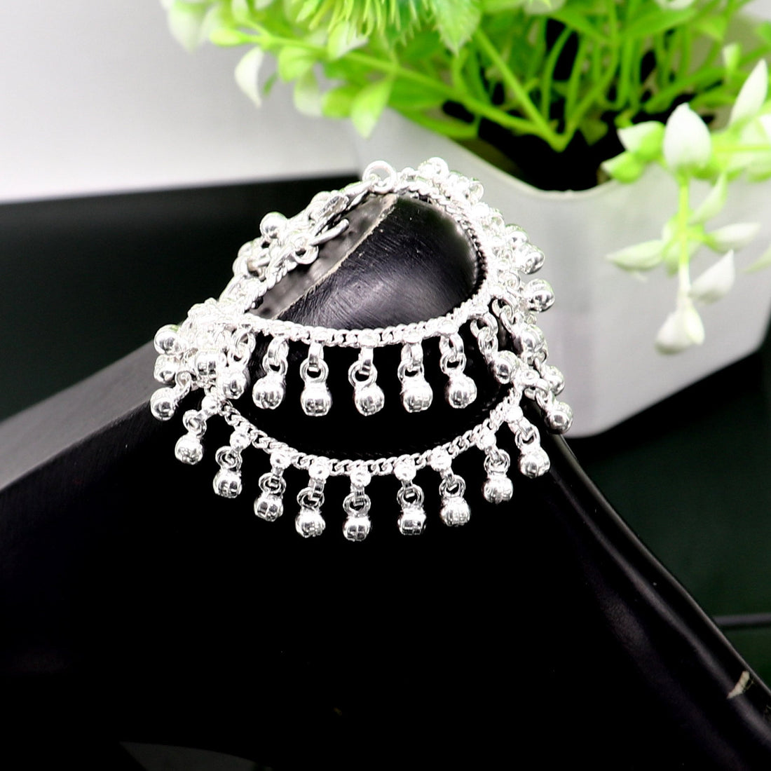 5" long Vintage design sterling silver handmade amazing waved noisy hanging drops bells baby anklet, ankle bracelet, charm bracelet ank430 - TRIBAL ORNAMENTS