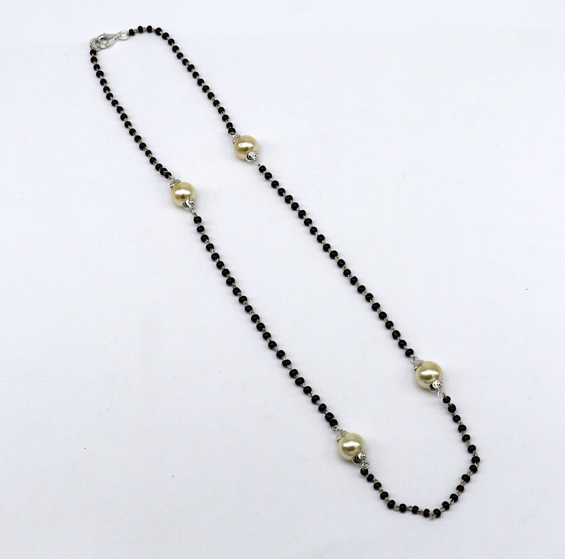 925 sterling silver black beaded chain necklace with gorgeous white pearls, best gifting elegant necklace tribal necklace set221 - TRIBAL ORNAMENTS