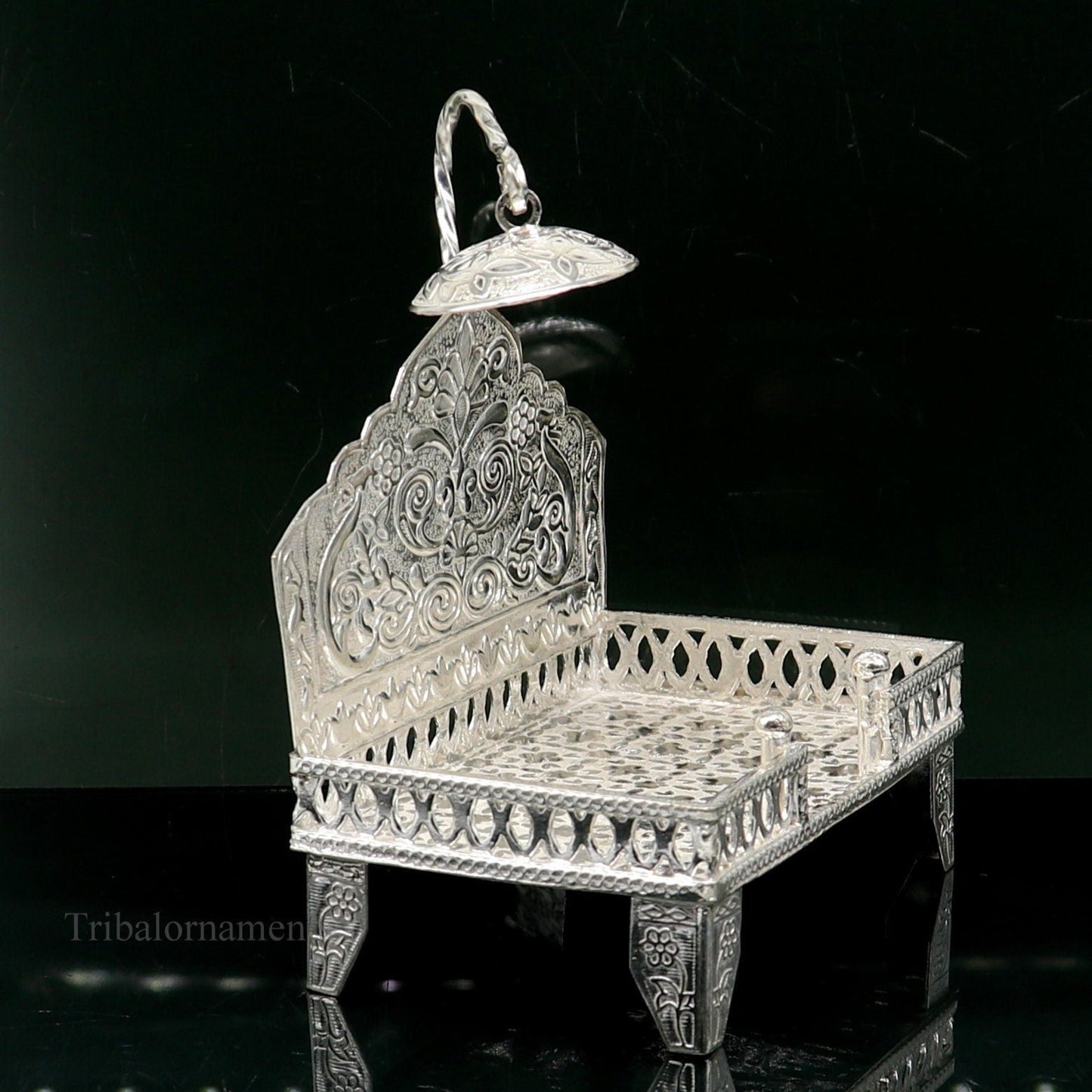 925 pure sterling silver handcrafted Singhasan, idol krishna Bal Gopala Throne, God statue's Palna chair, temple art puja article su424 - TRIBAL ORNAMENTS