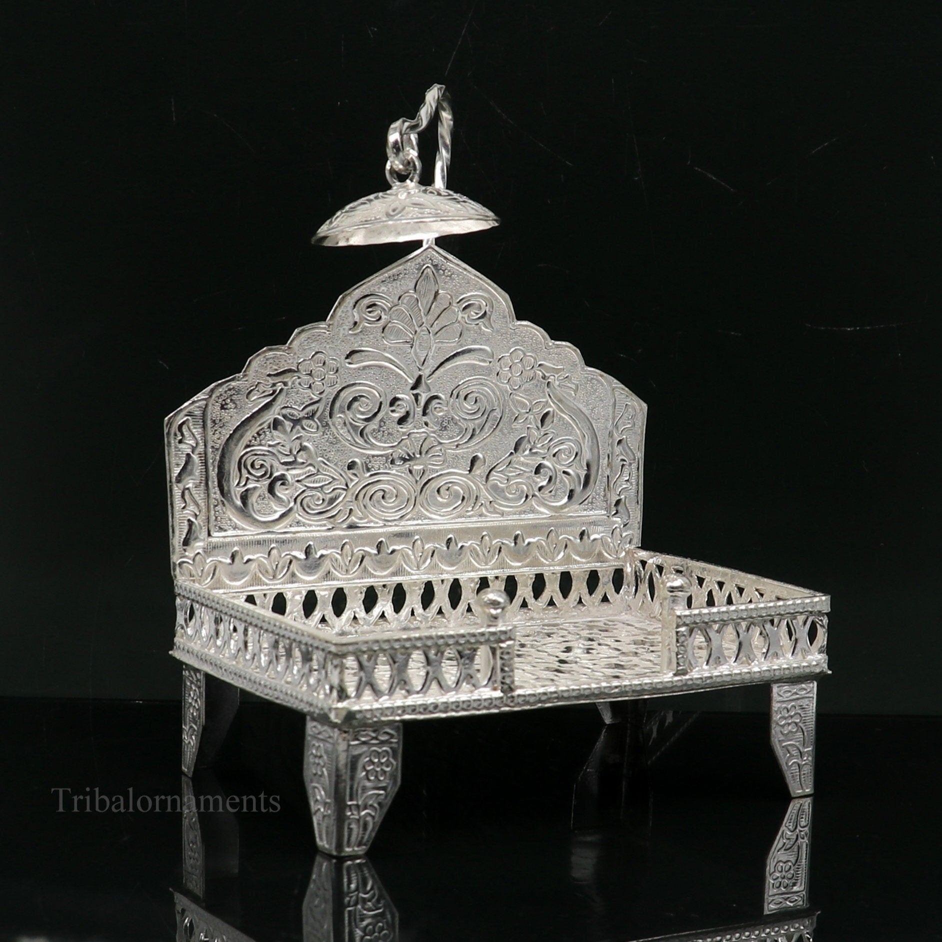 925 pure sterling silver handcrafted Singhasan, idol krishna Bal Gopala Throne, God statue's Palna chair, temple art puja article su424 - TRIBAL ORNAMENTS