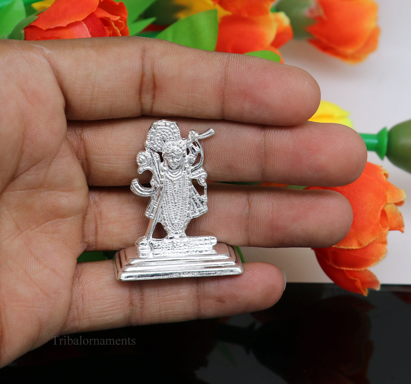 Sterling silver handmade design Indian Idols Lord Krishna Shrinathji statue figurine, puja articles decorative gift diwali puja art0050 - TRIBAL ORNAMENTS