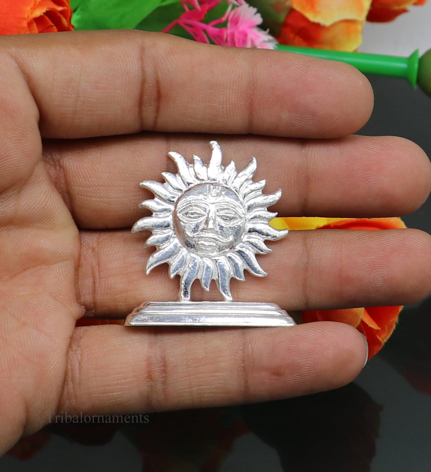 Sterling silver handmade design Indian Idols sun ro suraj statue figurine, puja articles decorative gift diwali puja art52 - TRIBAL ORNAMENTS