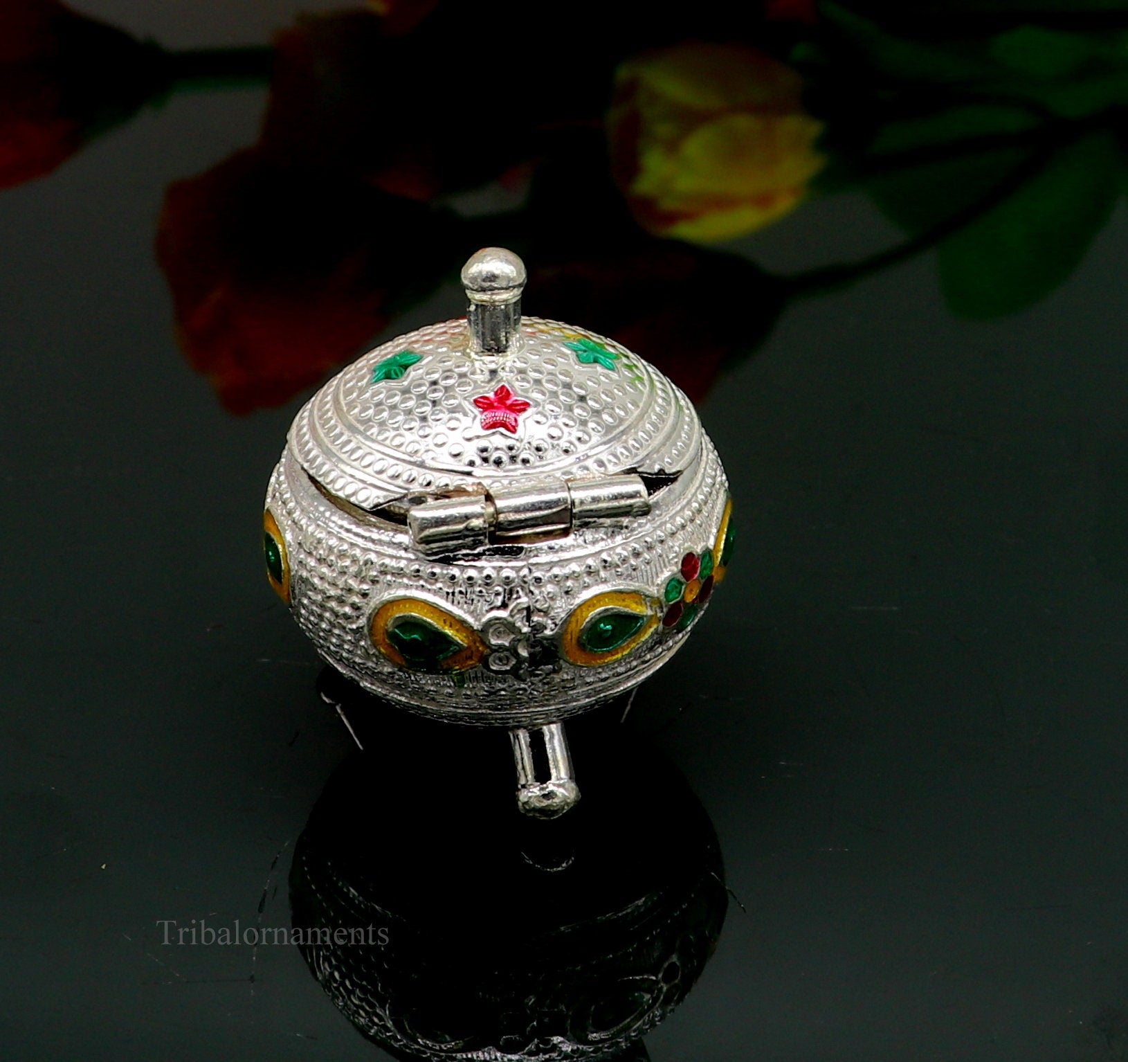 925 Sterling silver handmade fabulous trinket box, solid container box, casket box, sindoor box, enamel work customized gifting box stb179 - TRIBAL ORNAMENTS