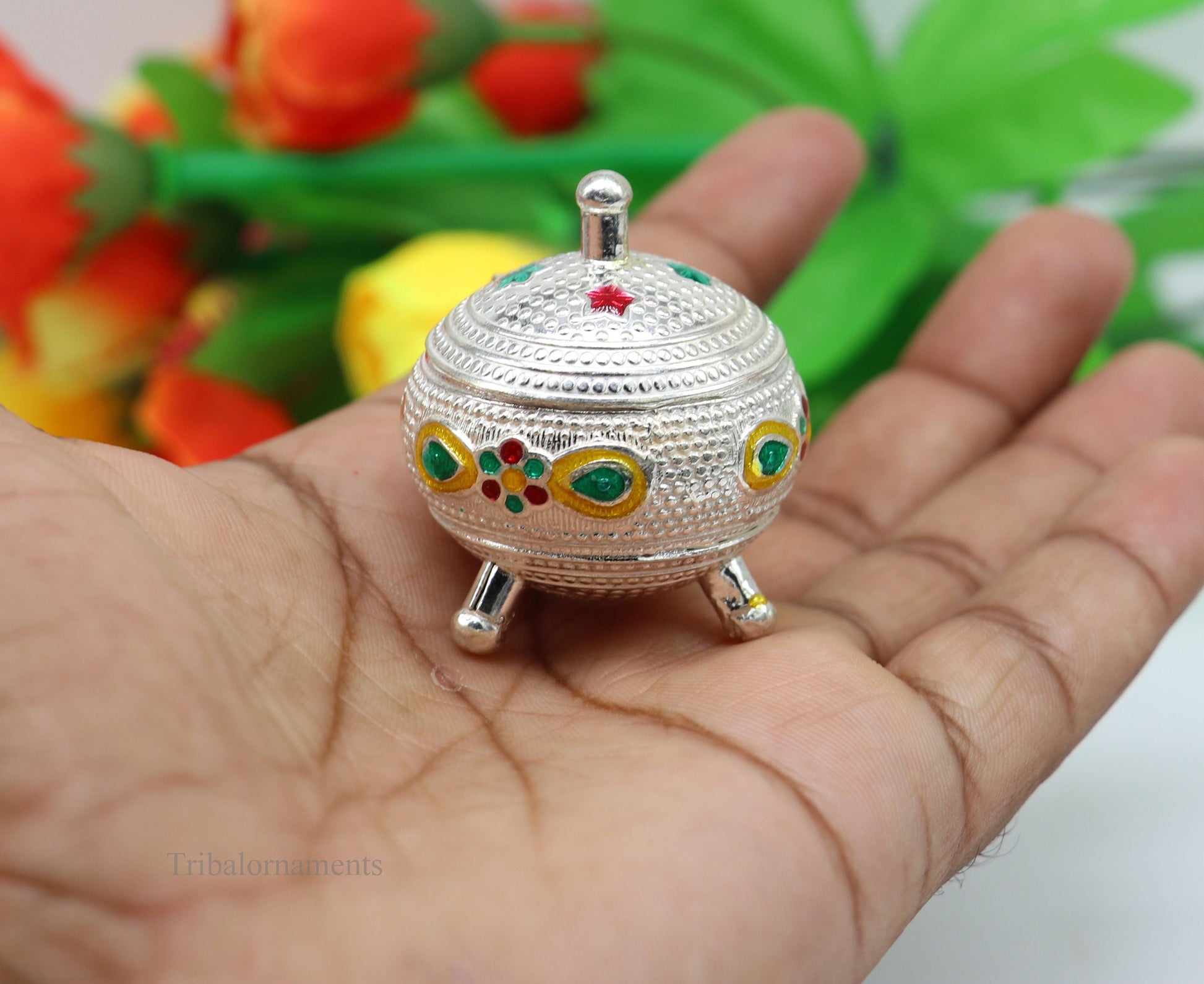 925 Sterling silver handmade fabulous trinket box, solid container box, casket box, sindoor box, enamel work customized gifting box stb179 - TRIBAL ORNAMENTS
