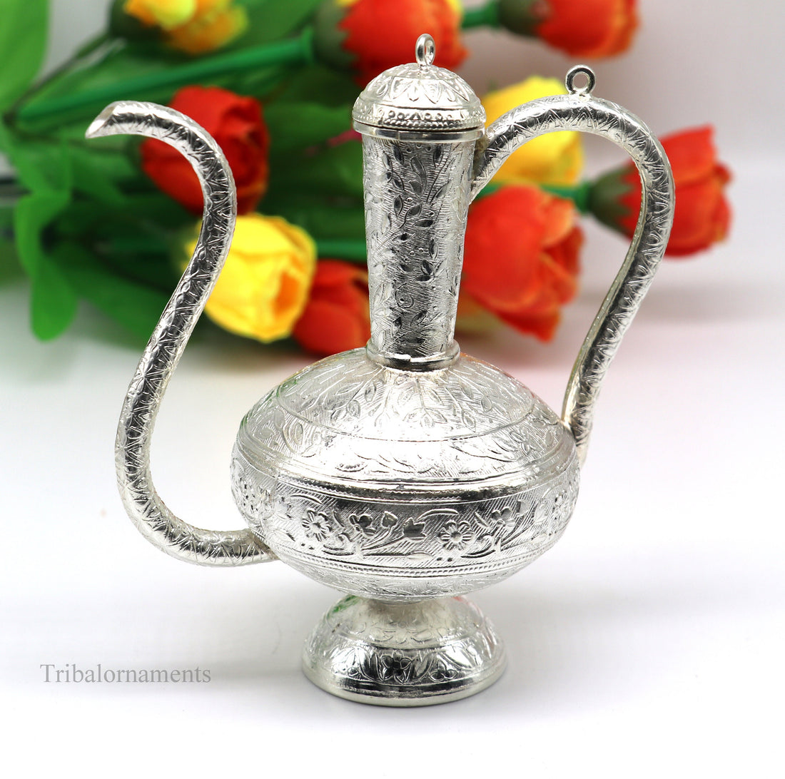 925 sterling silver customized designer Gangajal puja Surhai, silver utensils with Nozzles, Gangajali kalash jar , puja article su426 - TRIBAL ORNAMENTS