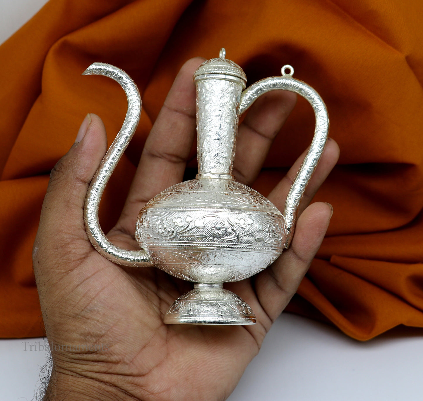 925 sterling silver customized designer Gangajal puja Surhai, silver utensils with Nozzles, Gangajali kalash jar , puja article su426 - TRIBAL ORNAMENTS