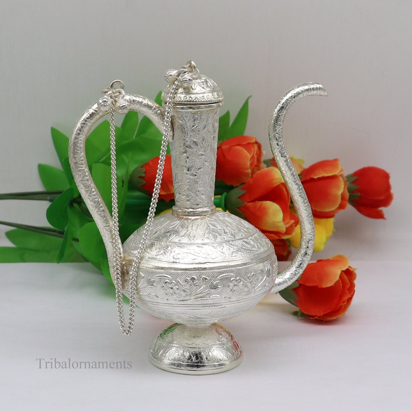 925 sterling silver customized designer Gangajal puja Surhai, silver utensils with Nozzles, Gangajali kalash jar , puja article su426 - TRIBAL ORNAMENTS