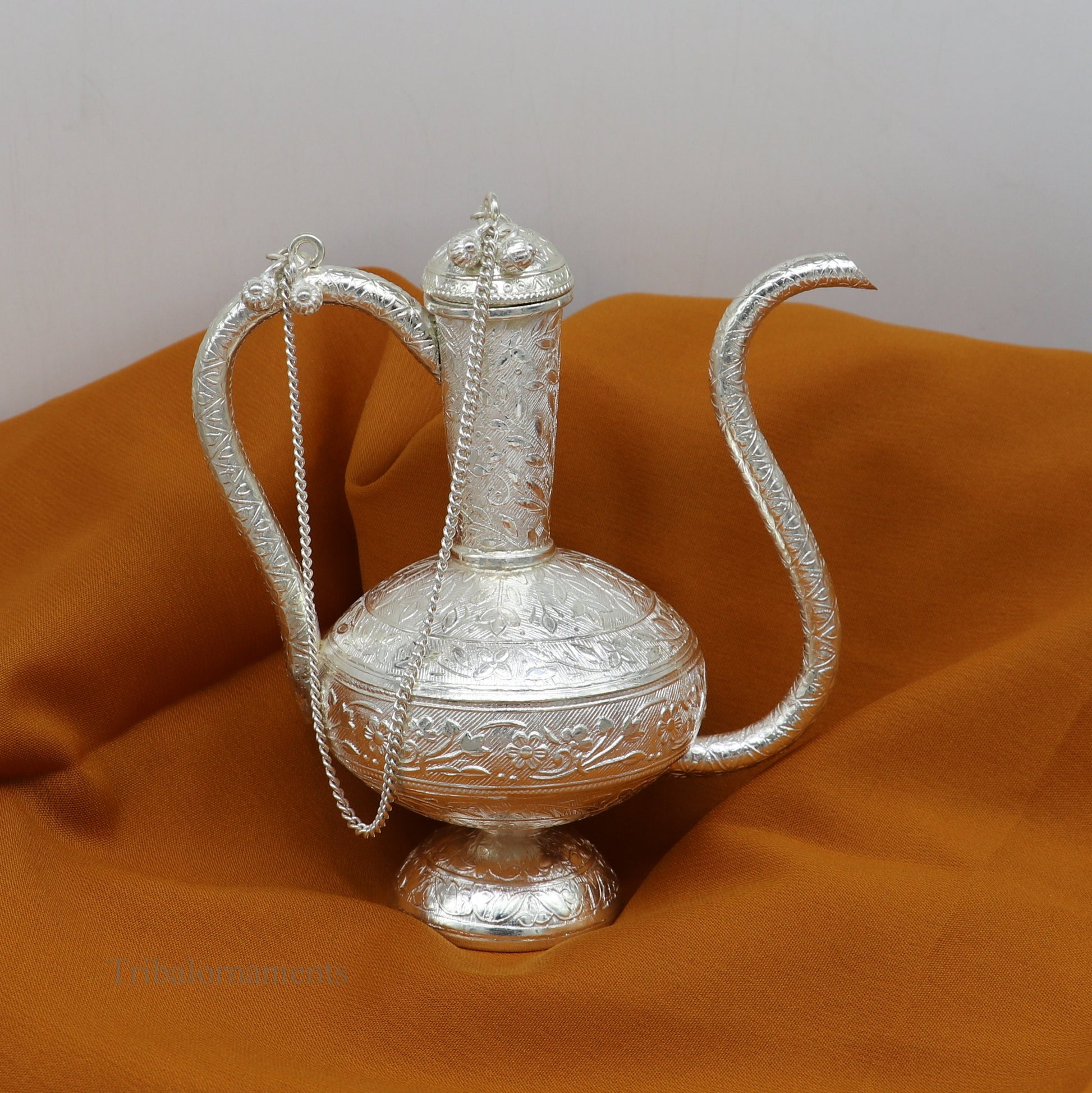 925 sterling silver customized designer Gangajal puja Surhai, silver utensils with Nozzles, Gangajali kalash jar , puja article su426 - TRIBAL ORNAMENTS