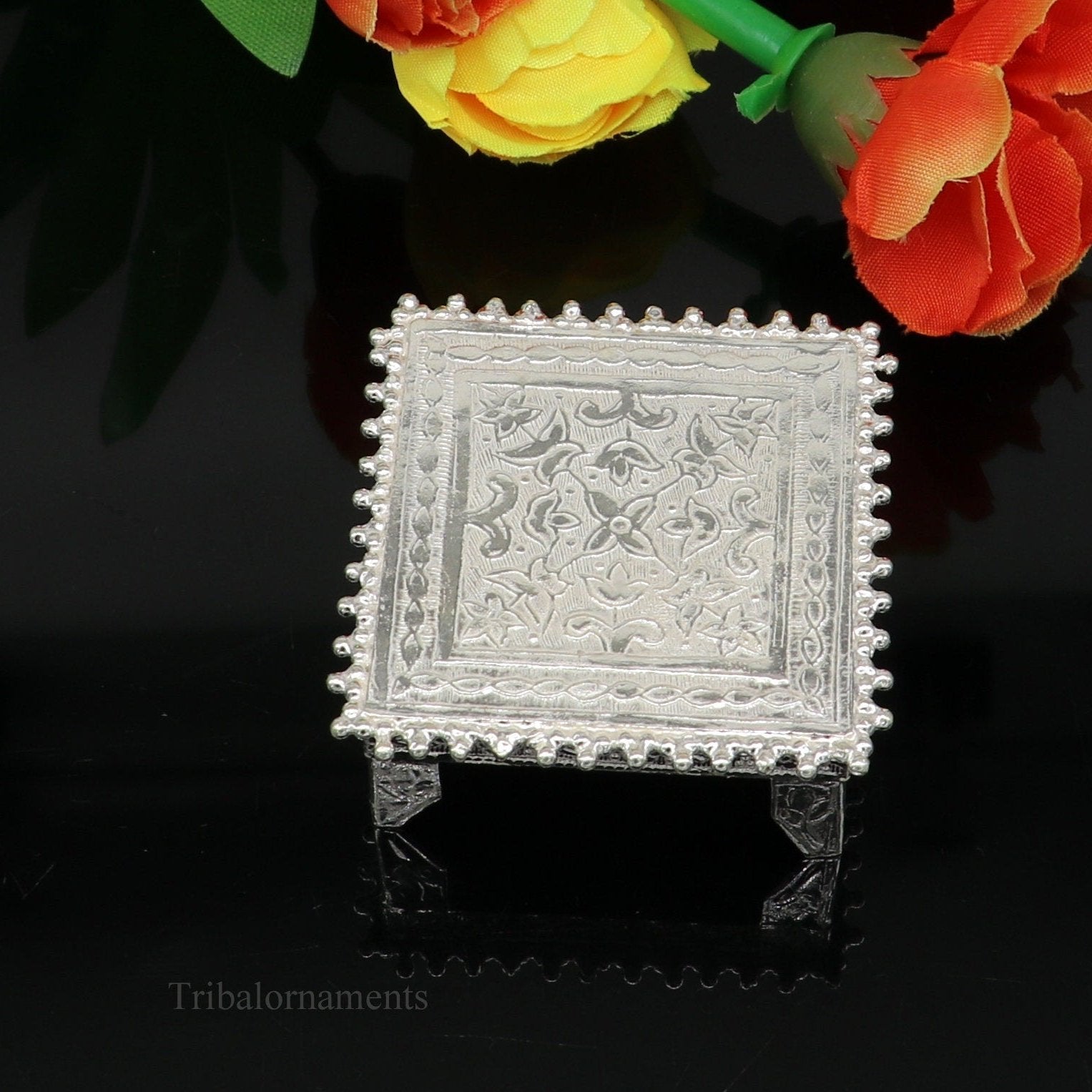 2" Vintage design Sterling silver handmade customize small square shape table/bazot/chouki, excellent home puja utensils temple art su430 - TRIBAL ORNAMENTS