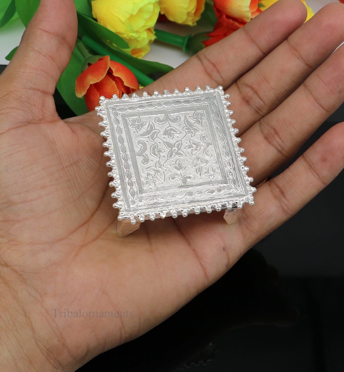 2" Vintage design Sterling silver handmade customize small square shape table/bazot/chouki, excellent home puja utensils temple art su430 - TRIBAL ORNAMENTS