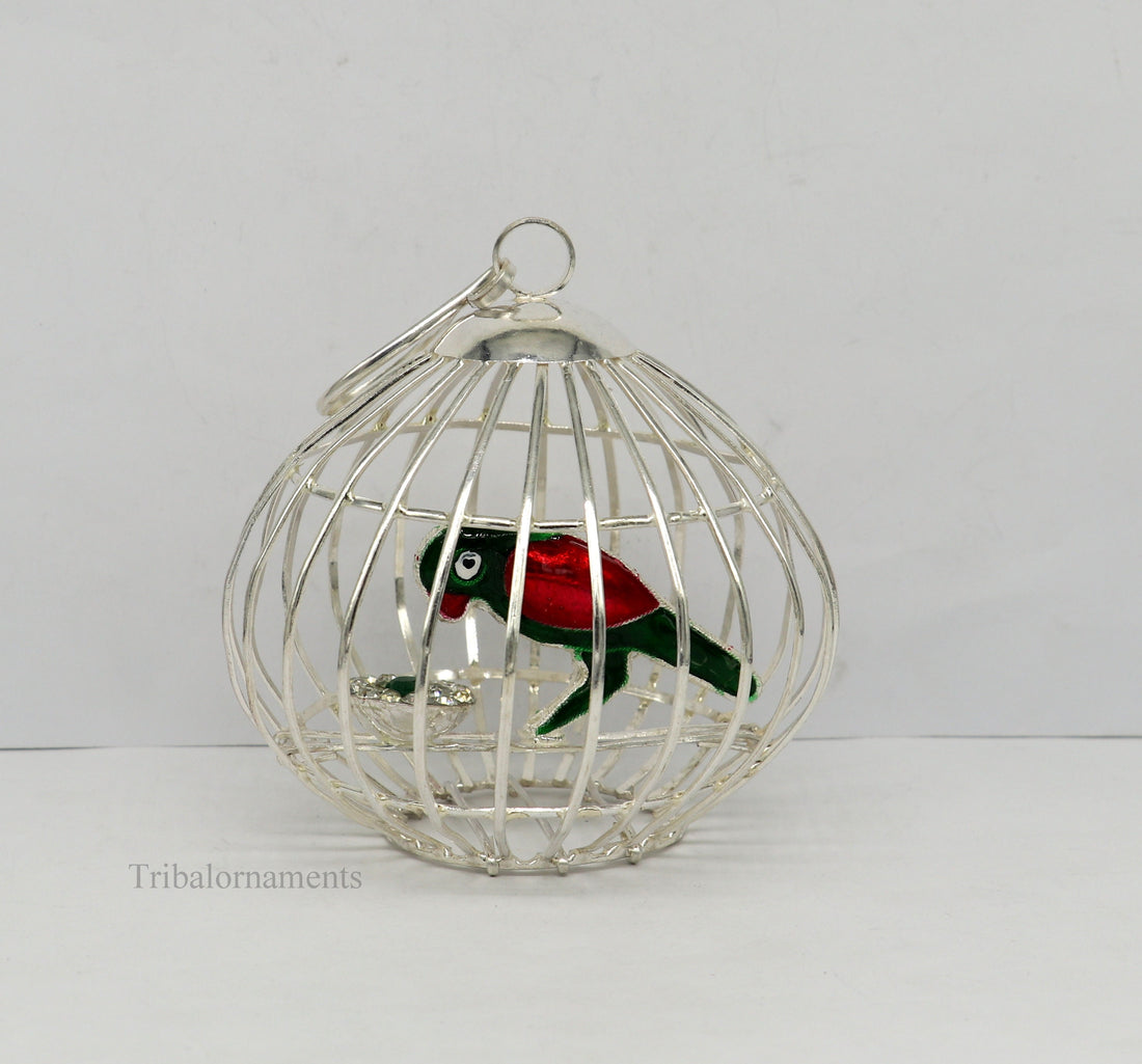 Solid sterling silver handmade toy for idlo krishna, silver parrot with cage, silver article for gifting to God or idol Krishna,  su444 - TRIBAL ORNAMENTS