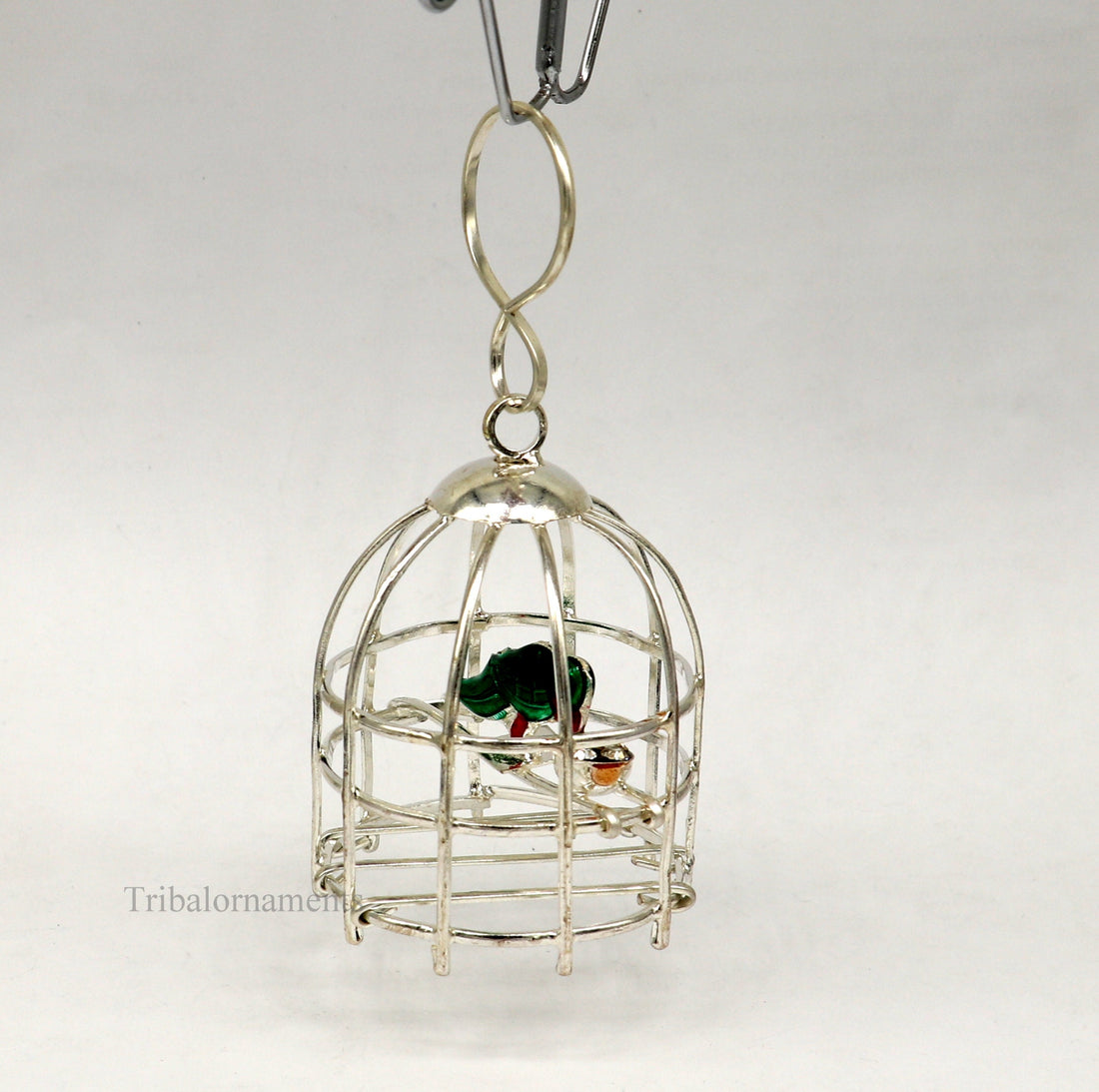 Solid sterling silver handmade toy for idol krishna, silver parrot with cage, silver article for gifting to God or idol Krishna,  su446 - TRIBAL ORNAMENTS