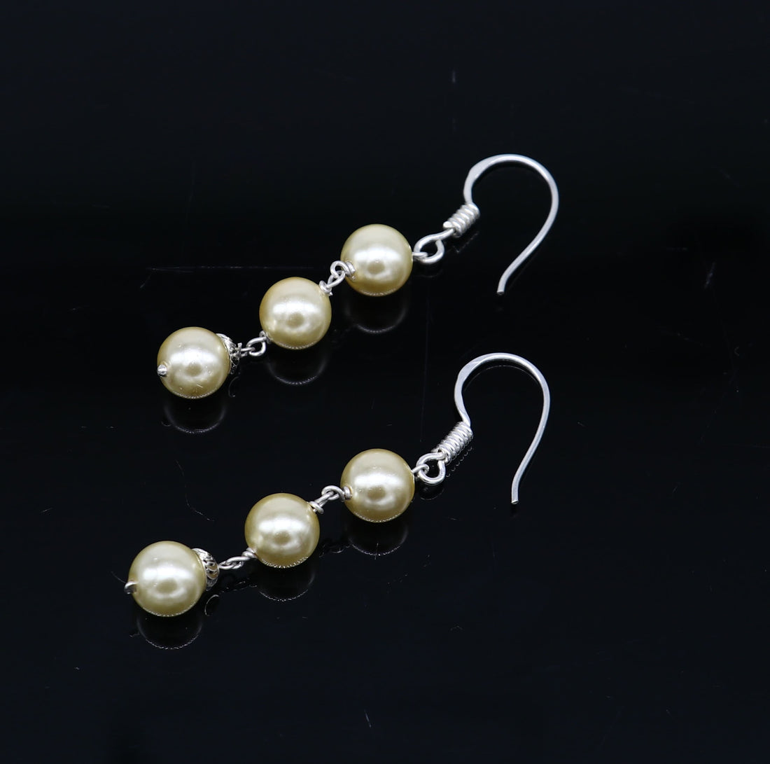 925 sterling silver handmade hoops pearl earring, stunning drop dangling earring amazing bridesmaid customized hook earring s919 - TRIBAL ORNAMENTS