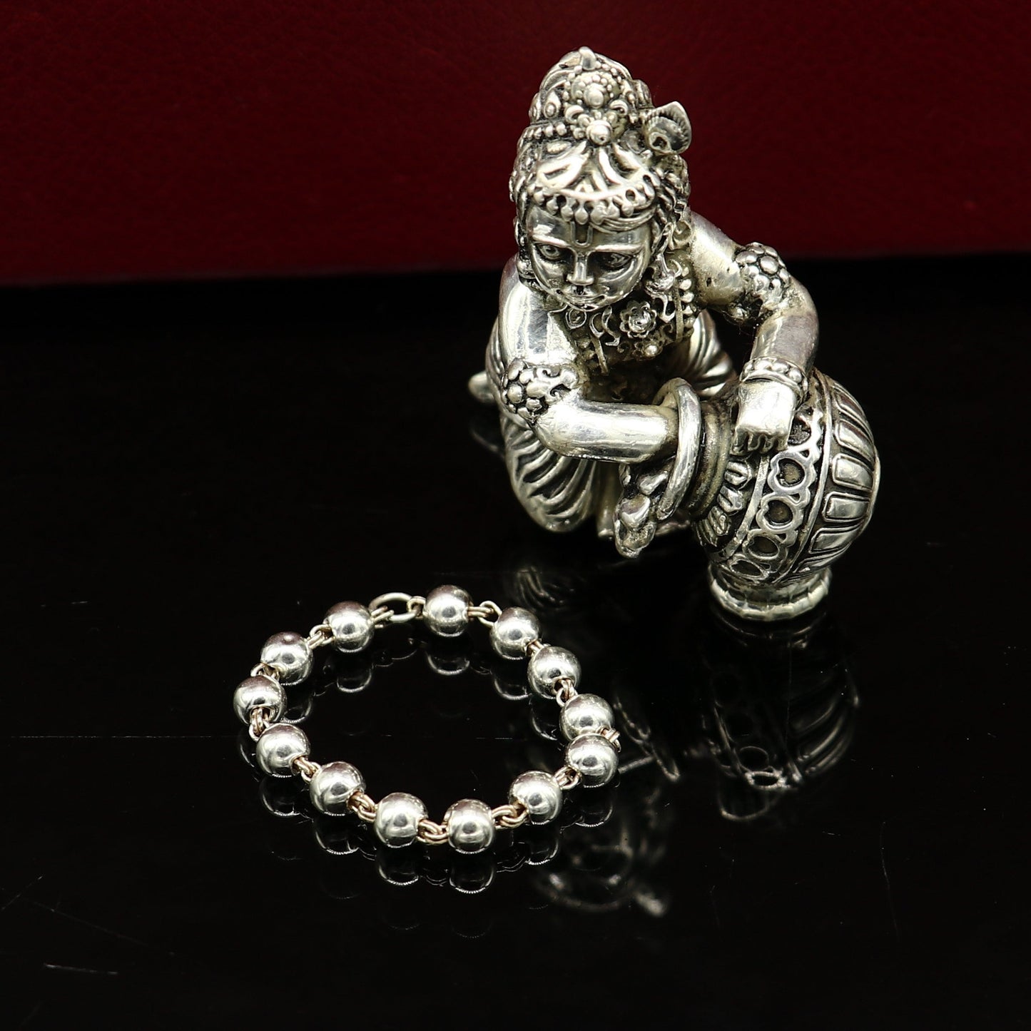 3" inches long handmade sterling silver beaded bracelet or necklace for baby krishna figurine or sculpture, best puja necklace sbr225 - TRIBAL ORNAMENTS