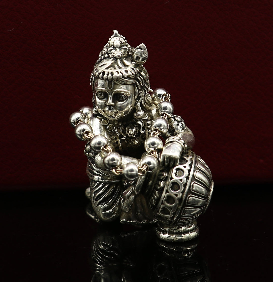 3" inches long handmade sterling silver beaded bracelet or necklace for baby krishna figurine or sculpture, best puja necklace sbr225 - TRIBAL ORNAMENTS