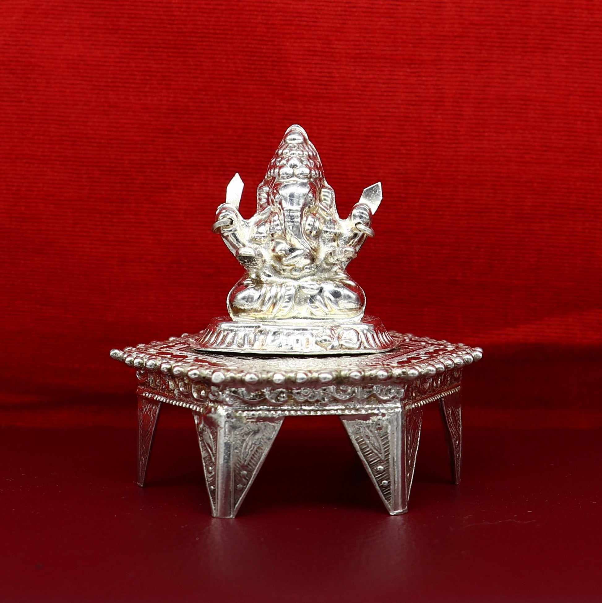 Lord Ganesha With Stand or Bazot, fabulous Sterling silver ganesha statue figurine for home temple diwali puja article utensils su375 - TRIBAL ORNAMENTS