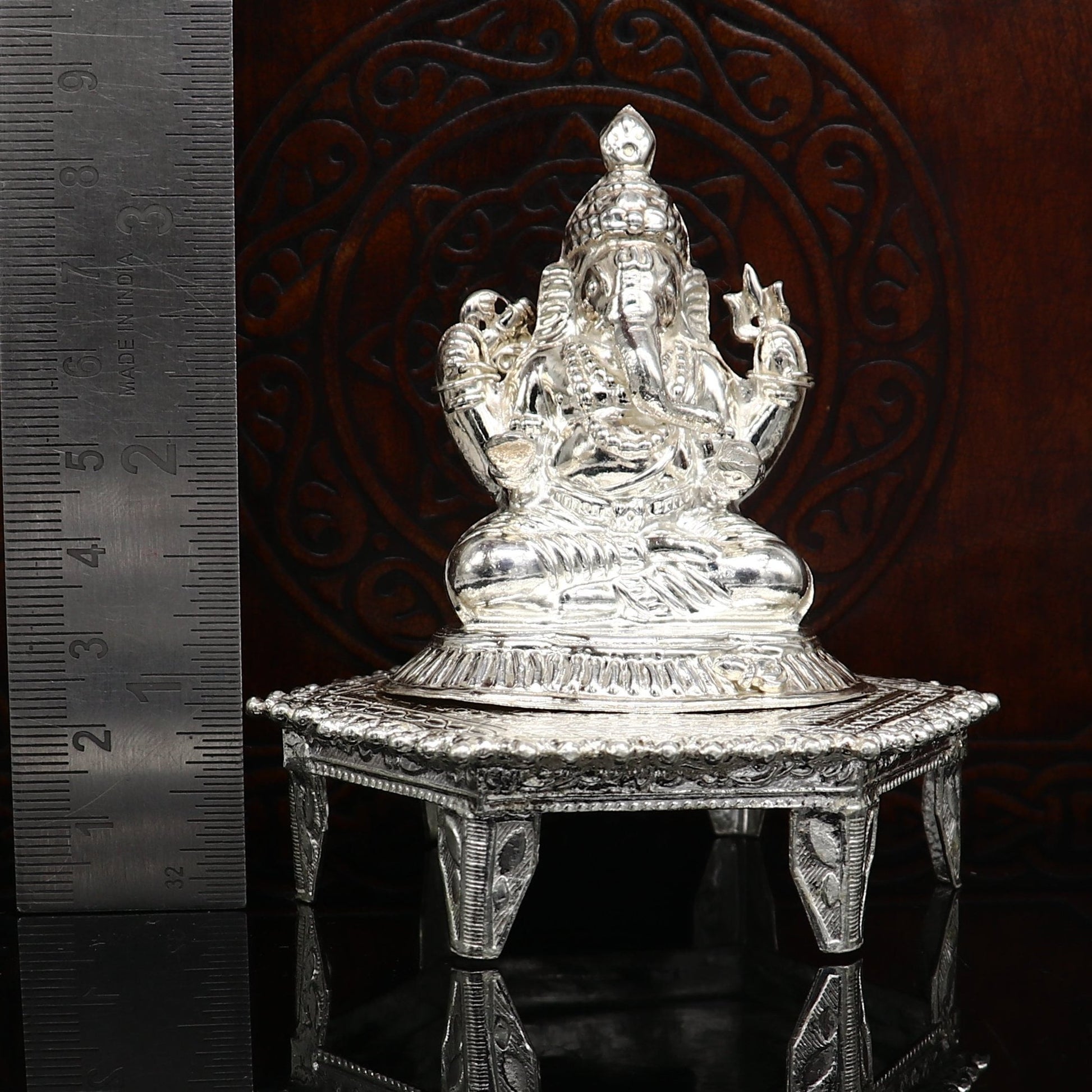 Lord Ganesha With Stand or Bazot, fabulous Sterling silver ganesha statue figurine for home temple diwali puja article utensils su376 - TRIBAL ORNAMENTS