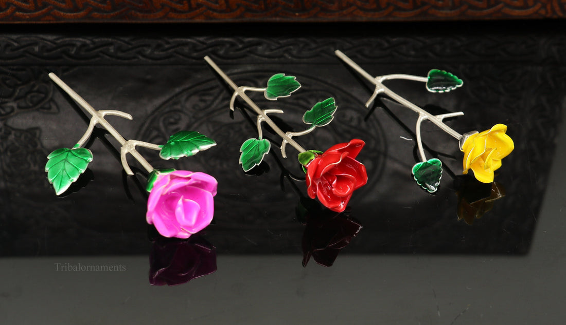 Solid sterling silver handmade small Rose flower puja god temple article, excellent three color enamel silver worshipping articles su450 - TRIBAL ORNAMENTS