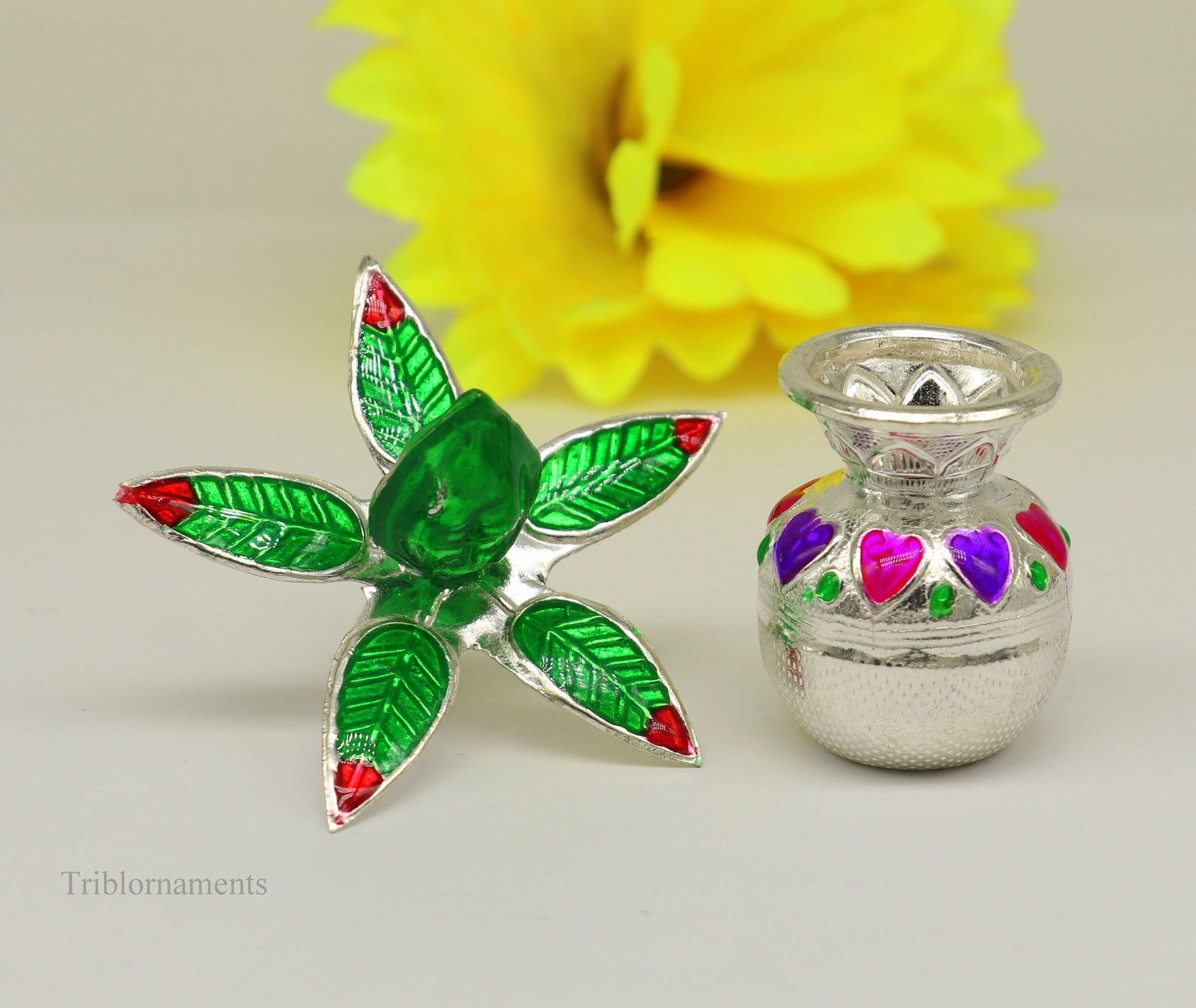 Solid sterling silver handmade vintage design puja kalash with silver coconuts and leaf, excellent home temple article worshipping su458 - TRIBAL ORNAMENTS