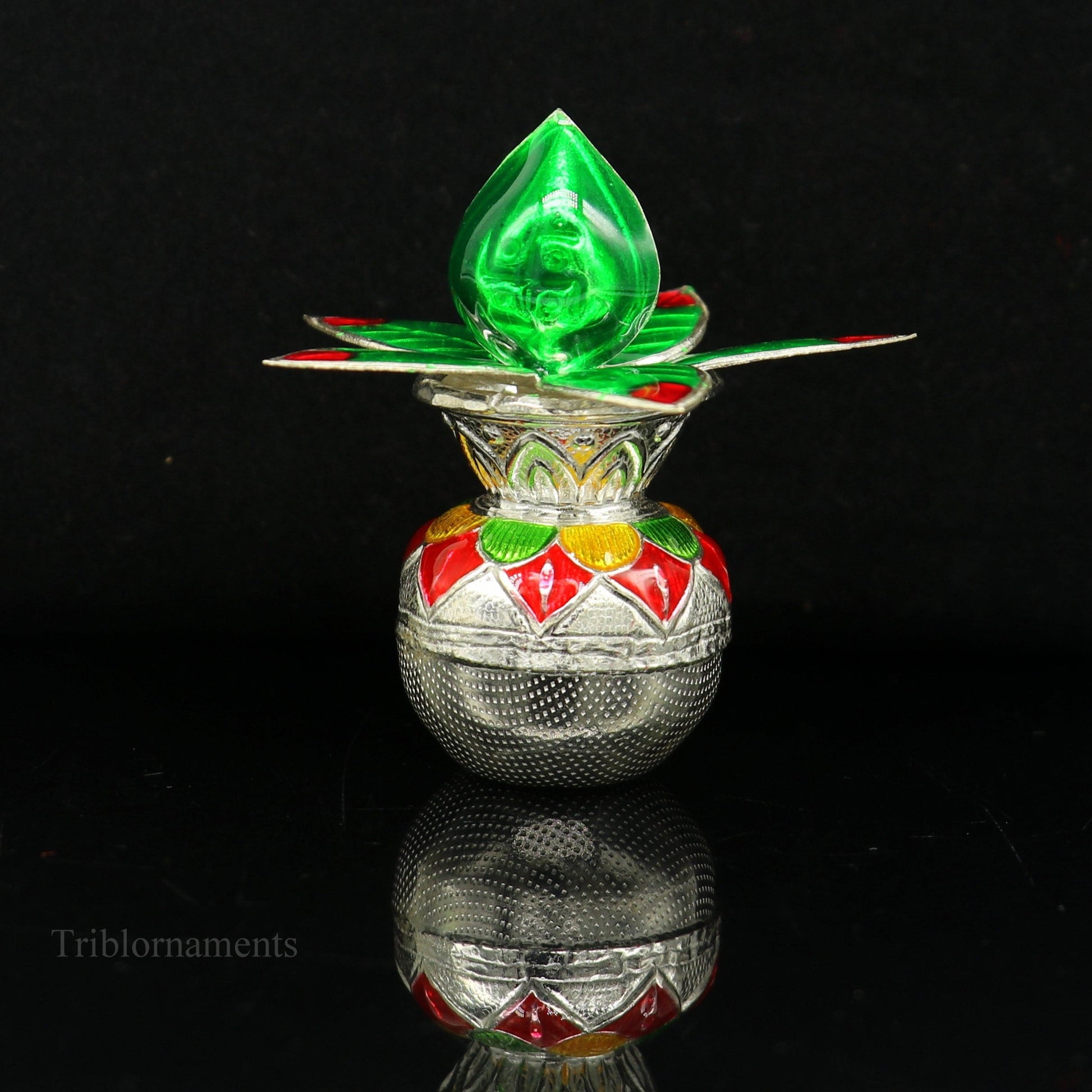 Amazing worshippinng Solid sterling silver handmade puja kalash silver with leaf, excellent home temple article puja utensils articles su462 - TRIBAL ORNAMENTS