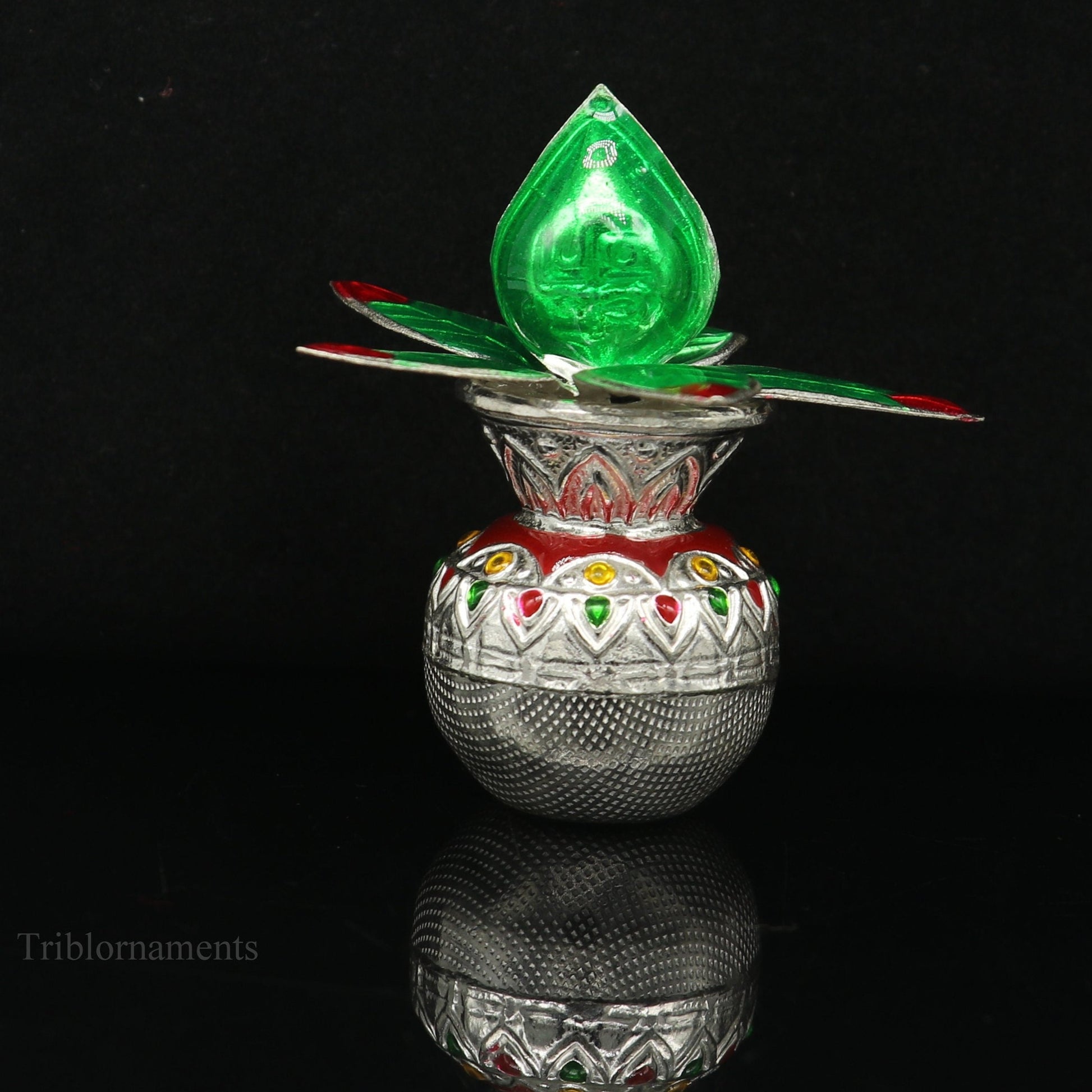 Sterling silver handmade fabulous design puja kalash & mango tree leaf and coconut, stunning worshipping silver articles, temple art su465 - TRIBAL ORNAMENTS