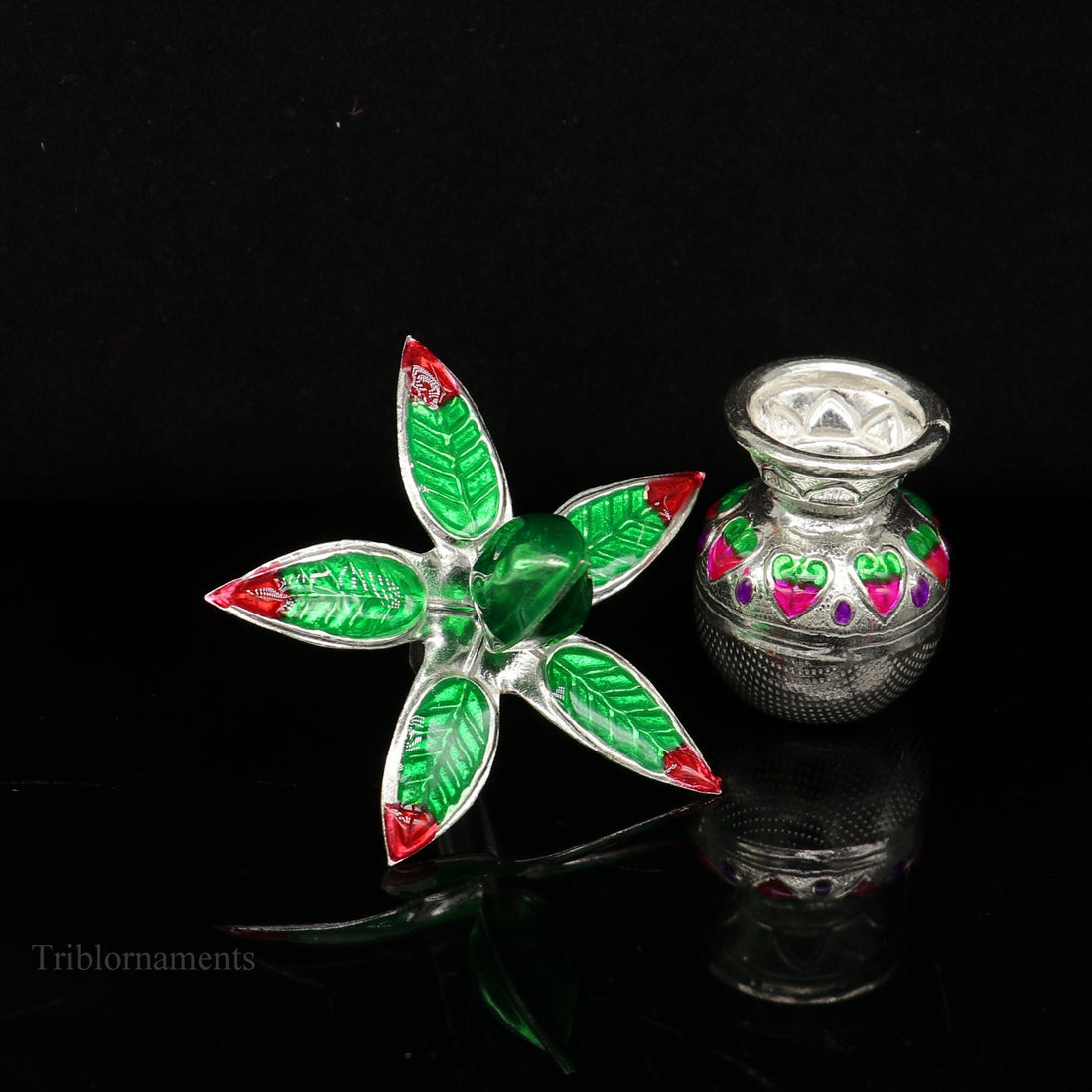 Divine small Sterling silver handmade puja kalash & mango tree leaf and coconut, stunning worshipping silver articles, temple art su467 - TRIBAL ORNAMENTS