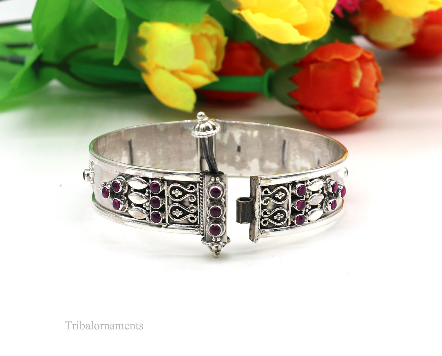 925 sterling silver handmade vintage design purple stone bangle cuff bracelet stunning stylish tribal brides jewelry gifting nssk480 - TRIBAL ORNAMENTS