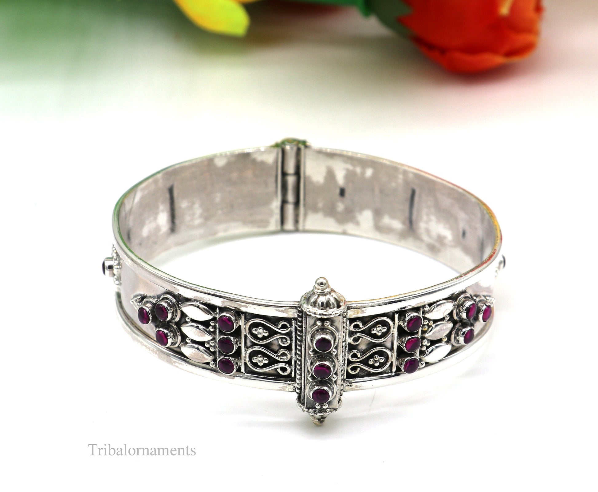 925 sterling silver handmade vintage design purple stone bangle cuff bracelet stunning stylish tribal brides jewelry gifting nssk480 - TRIBAL ORNAMENTS