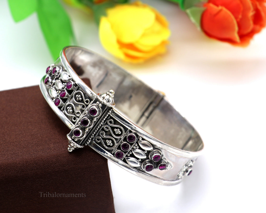 925 sterling silver handmade vintage design purple stone bangle cuff bracelet stunning stylish tribal brides jewelry gifting nssk480 - TRIBAL ORNAMENTS