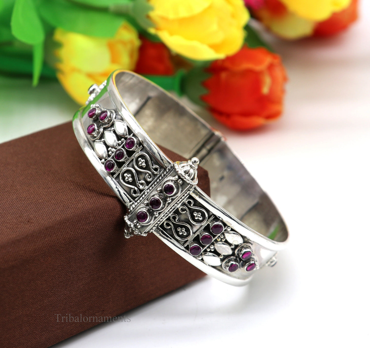 925 sterling silver handmade vintage design purple stone bangle cuff bracelet stunning stylish tribal brides jewelry gifting nssk480 - TRIBAL ORNAMENTS