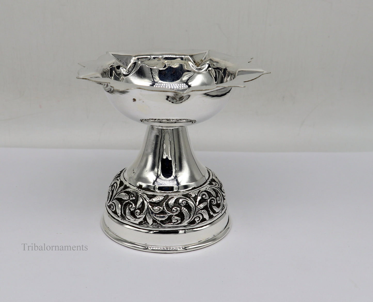 925 sterling silver gorgeous nakshi work floral design oil lamp, silver Deepak, silver temple article, puja utensils art su477 - TRIBAL ORNAMENTS