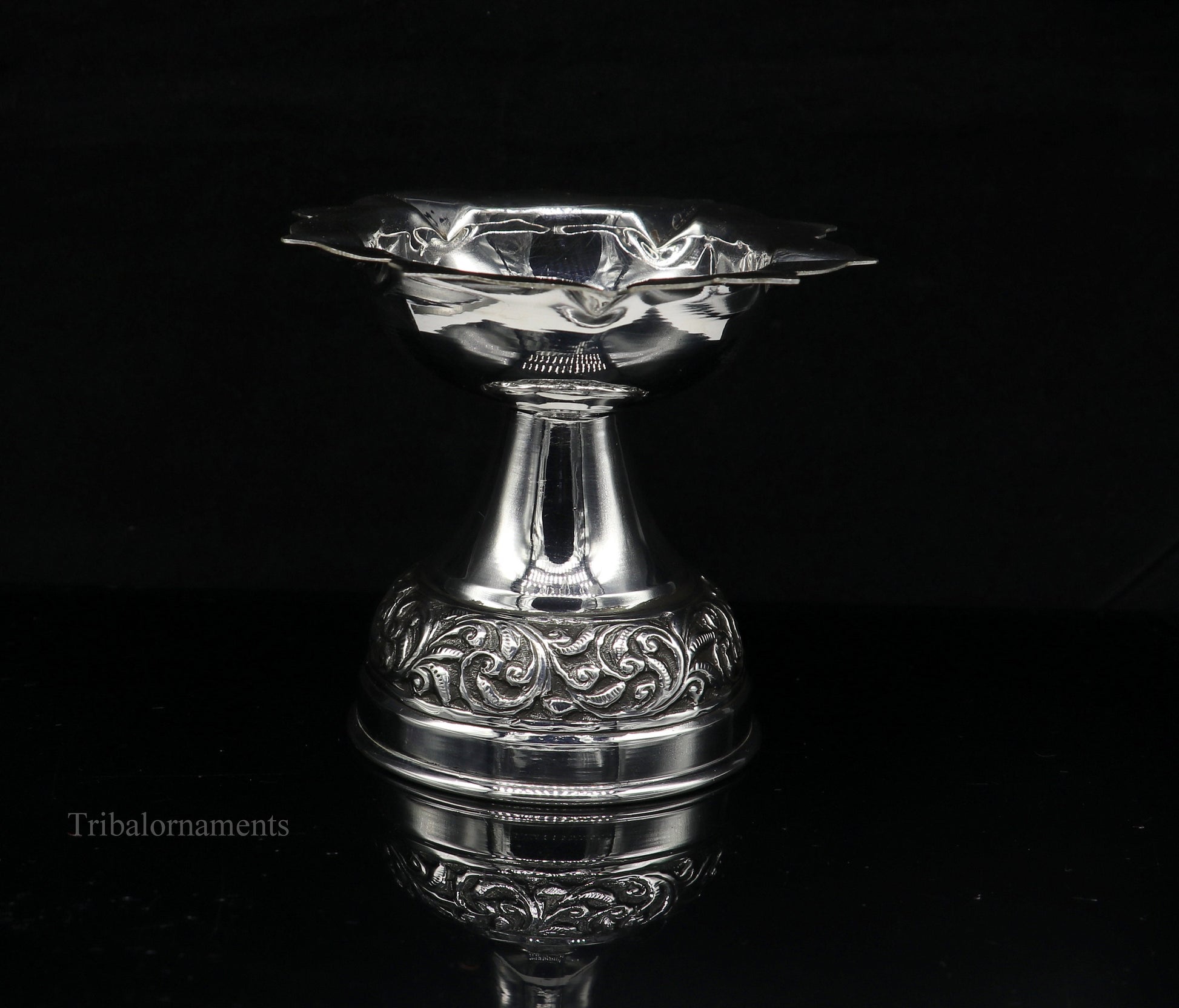 925 sterling silver gorgeous nakshi work floral design oil lamp, silver Deepak, silver temple article, puja utensils art su477 - TRIBAL ORNAMENTS