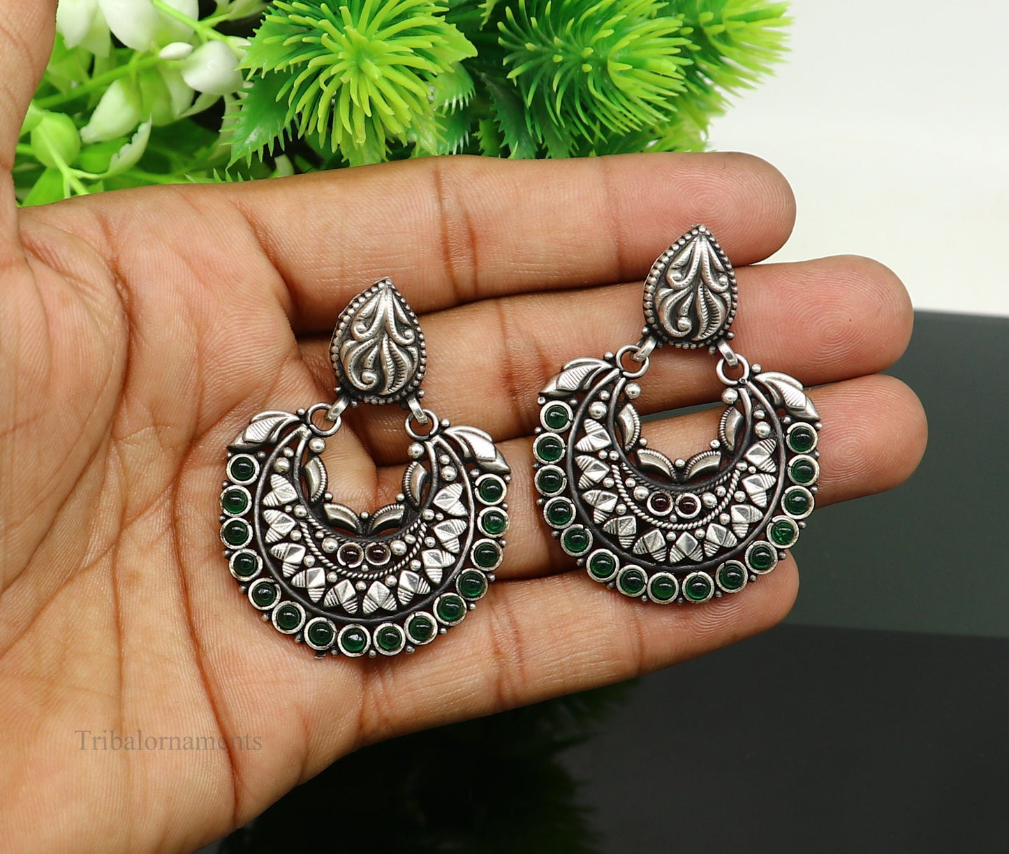 925 silver Handmade Vintage design trendy stylish stud drop dangler earring with gorgeous color stone Tribal wedding brides earrings s924 - TRIBAL ORNAMENTS