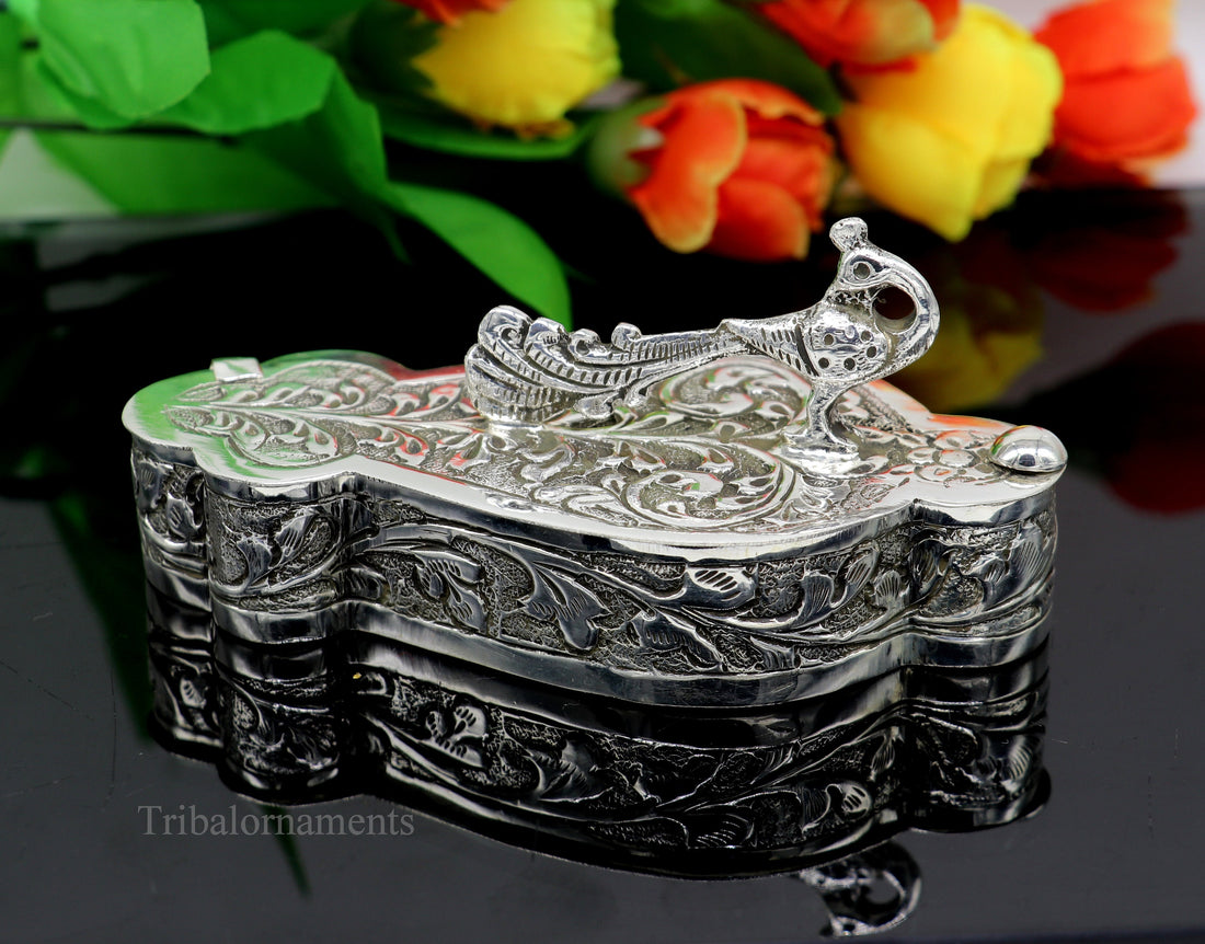 925 sterling silver handmade unique peacock design luxury trinket box, brides gift, casket box, silver article, silver utensils stb231 - TRIBAL ORNAMENTS