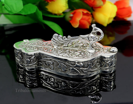 925 sterling silver handmade unique peacock design luxury trinket box, brides gift, casket box, silver article, silver utensils stb231 - TRIBAL ORNAMENTS