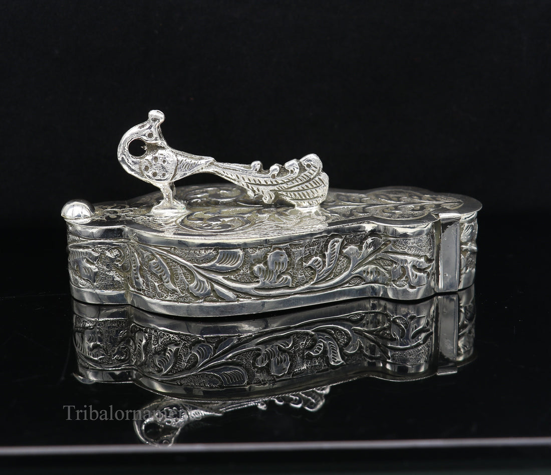 925 sterling silver handmade unique peacock design luxury trinket box, brides gift, casket box, silver article, silver utensils stb231 - TRIBAL ORNAMENTS