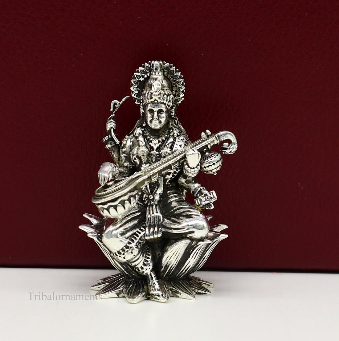 2" small 925 Sterling silver handmade customized Hindu idol Saraswati  sharda maa statue, puja article figurine, home décor Articles art121 - TRIBAL ORNAMENTS