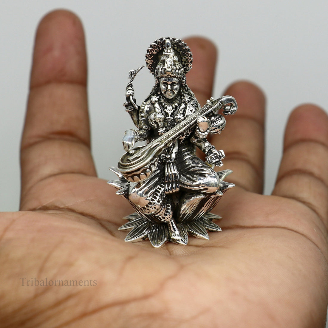 2" small 925 Sterling silver handmade customized Hindu idol Saraswati  sharda maa statue, puja article figurine, home décor Articles art121 - TRIBAL ORNAMENTS