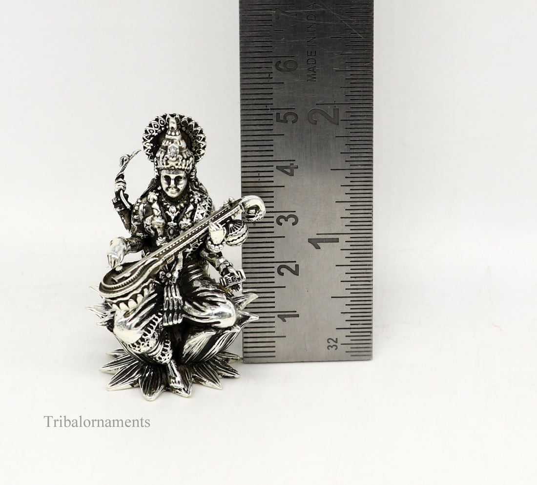 2" small 925 Sterling silver handmade customized Hindu idol Saraswati  sharda maa statue, puja article figurine, home décor Articles art121 - TRIBAL ORNAMENTS