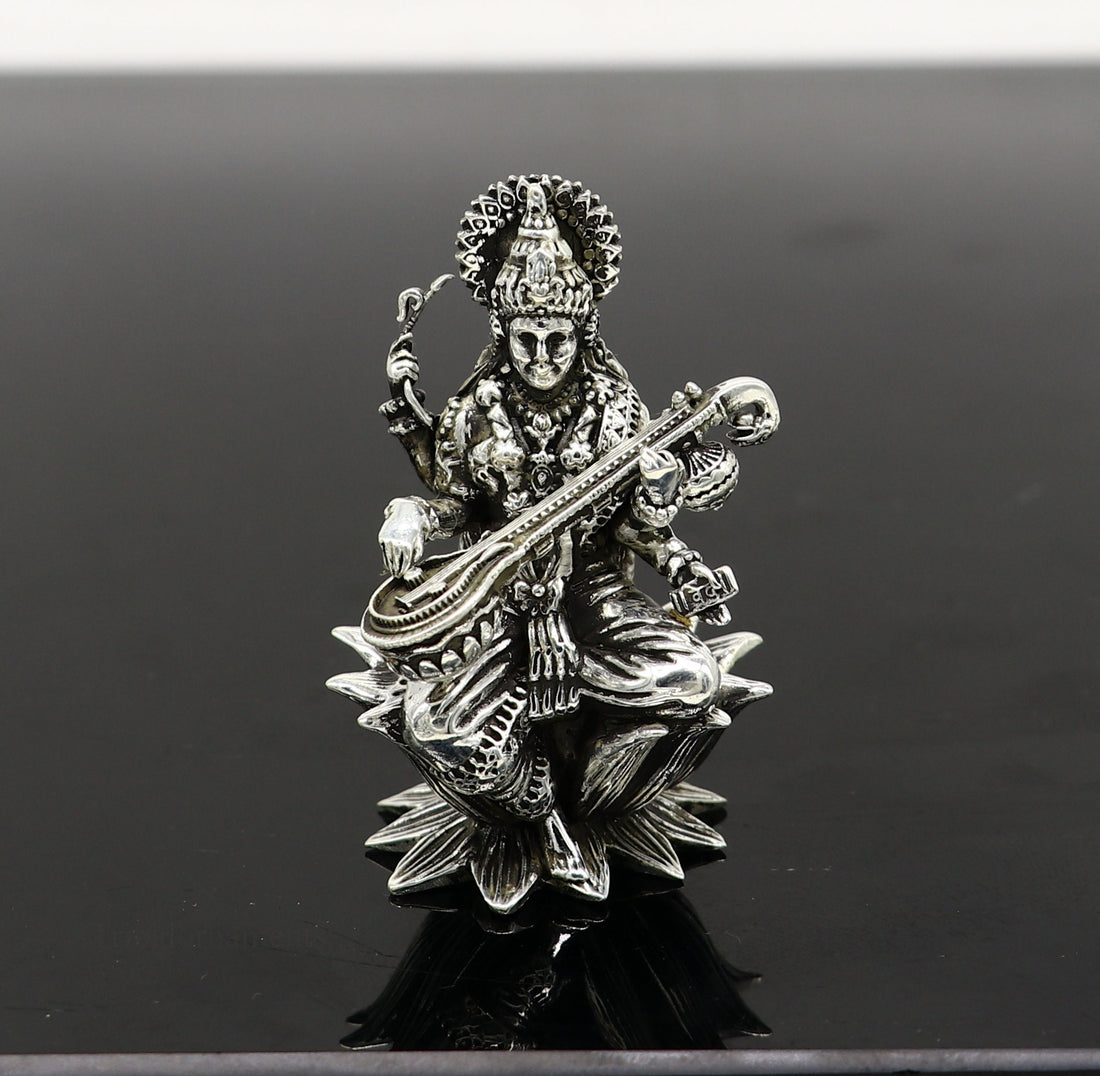 2" small 925 Sterling silver handmade customized Hindu idol Saraswati  sharda maa statue, puja article figurine, home décor Articles art121 - TRIBAL ORNAMENTS