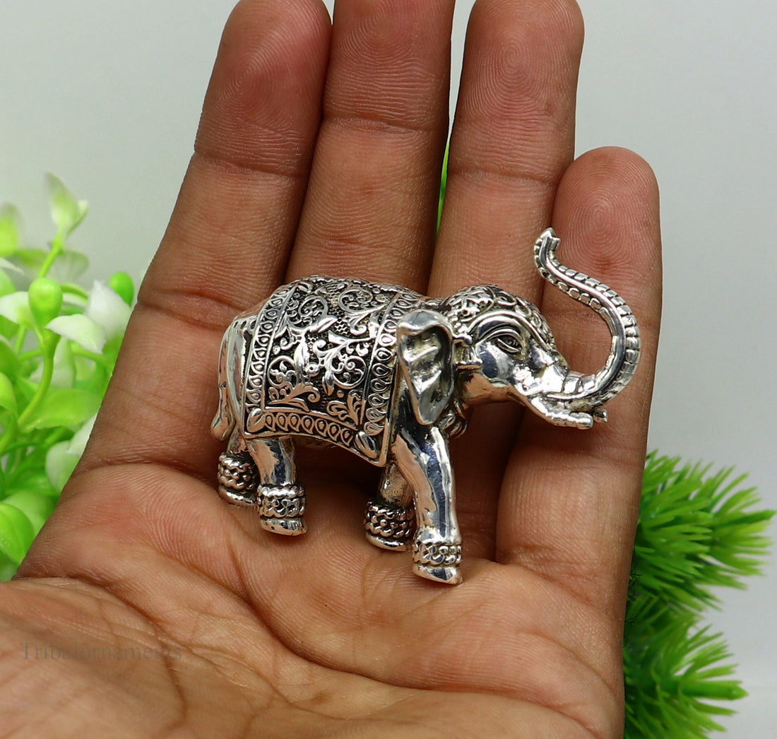 Pure 925 Sterling silver Kandrai work Nakshi design customized Elephant statue, puja article figurine, home décor puja articles art122 - TRIBAL ORNAMENTS