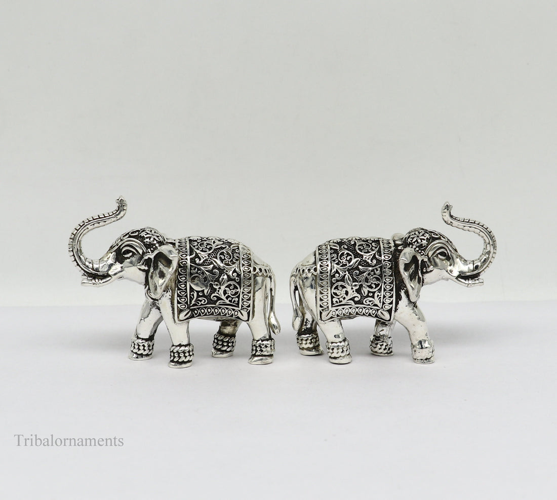 Pure 925 Sterling silver Kandrai work Nakshi design customized Elephant statue, puja article figurine, home décor puja articles art122 - TRIBAL ORNAMENTS