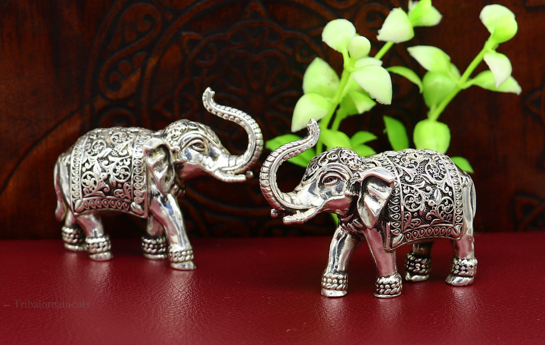 Pure 925 Sterling silver Kandrai work Nakshi design customized Elephant statue, puja article figurine, home décor puja articles art122 - TRIBAL ORNAMENTS