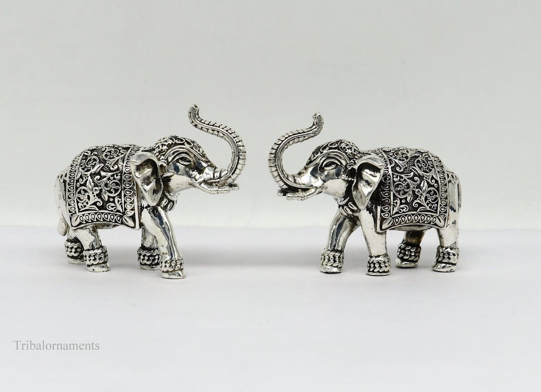 Pure 925 Sterling silver Kandrai work Nakshi design customized Elephant statue, puja article figurine, home décor puja articles art122 - TRIBAL ORNAMENTS