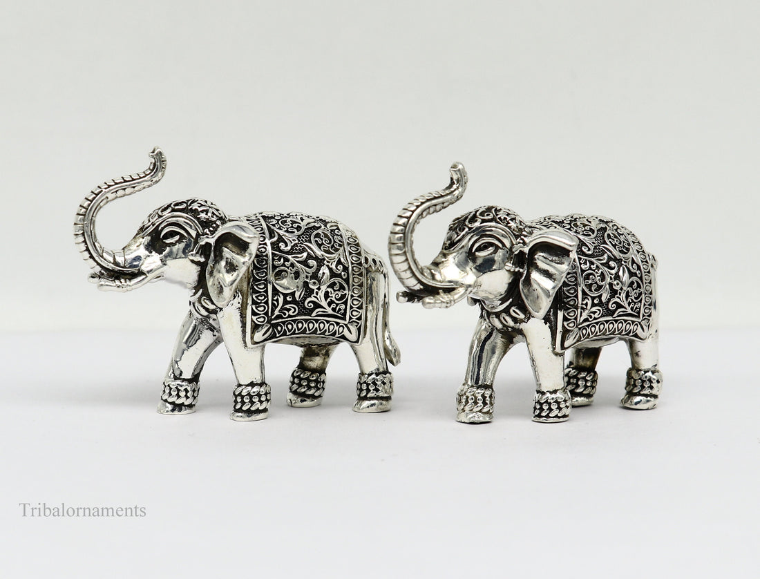 Pure 925 Sterling silver Kandrai work Nakshi design customized Elephant statue, puja article figurine, home décor puja articles art122 - TRIBAL ORNAMENTS