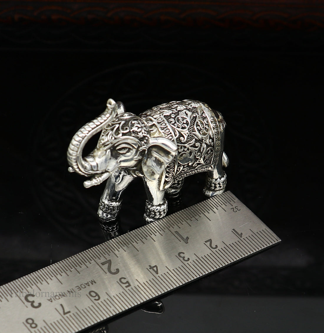 Pure 925 Sterling silver Kandrai work Nakshi design customized Elephant statue, puja article figurine, home décor puja articles art122 - TRIBAL ORNAMENTS