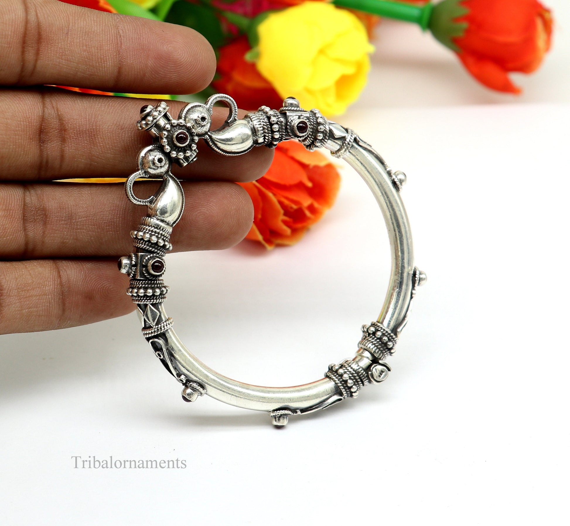 925 Sterling silver handmade indian traditional vintage antique design tribal ethnic belly dance bangle bracelet kada  nssk491 - TRIBAL ORNAMENTS